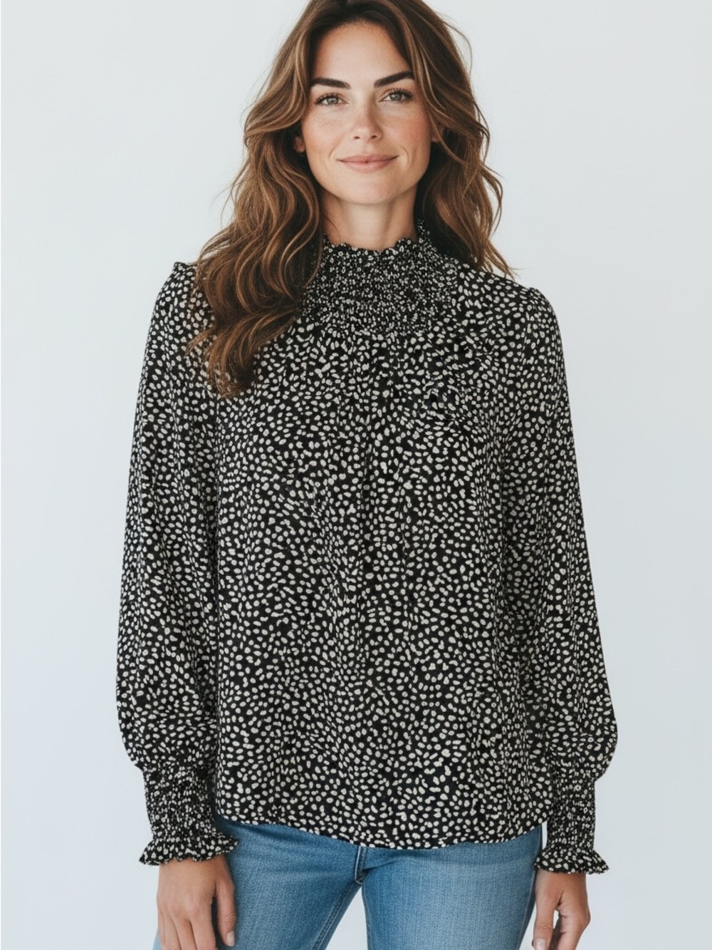 Sanctuary Black and White Dot Ruffle-Neck Blouse